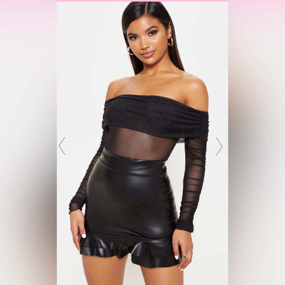 Pretty Little Thing black faux leather frilled hem mini skirt